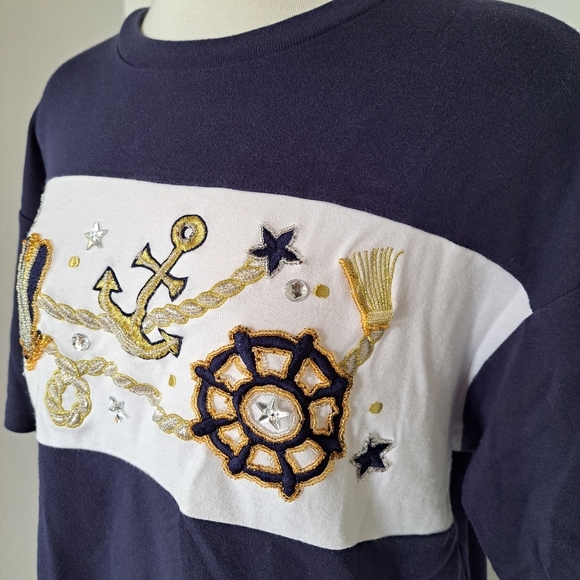 I.B. Diffusion | Blue & white embroidered sailing graphics with rhinestones - Picture 3 of 10